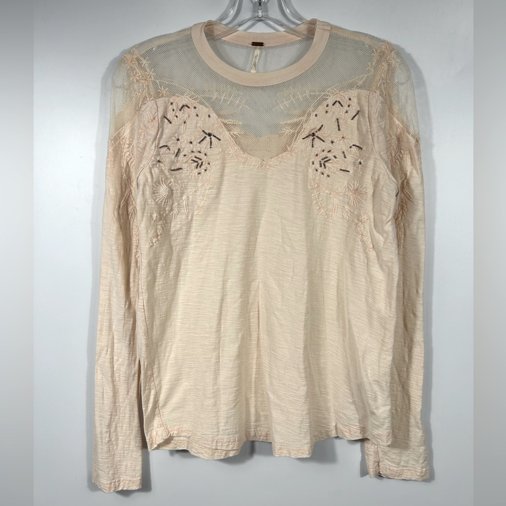 Free people Micha Embellished Mesh Beaded Long Sleeve Tee Top Peach Color Size M - Picture 3 of 9